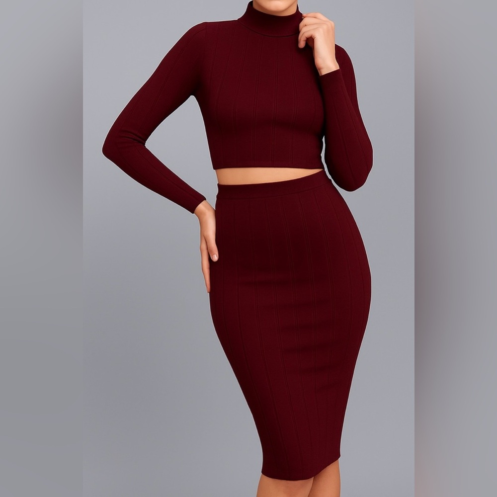 Lulus “My Way” Plum Purplish Burgundy Two-Piece Long Sleeve Dress – Size Large